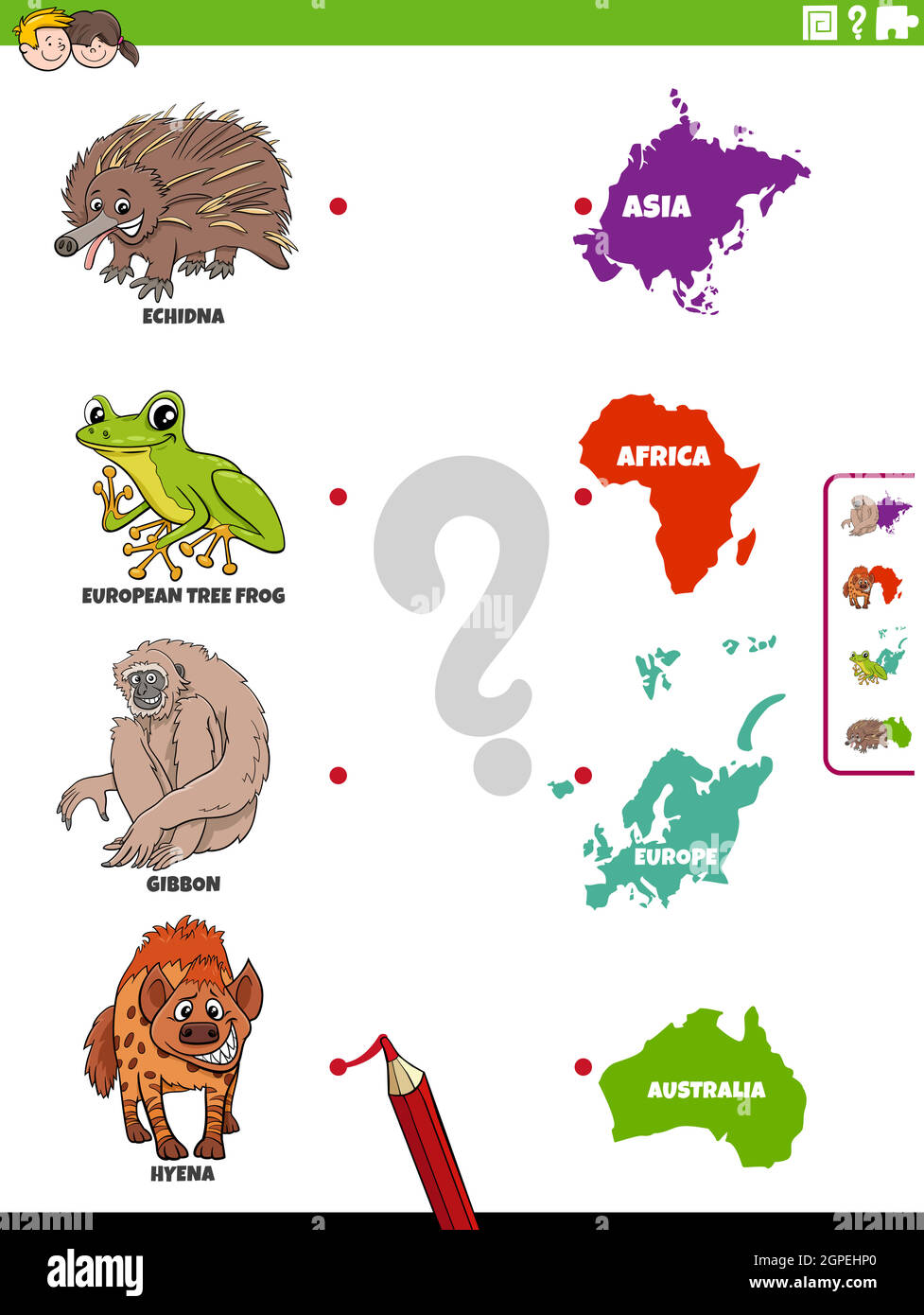 emparejar especies animales y continentes tarea educativa Ilustración del Vector