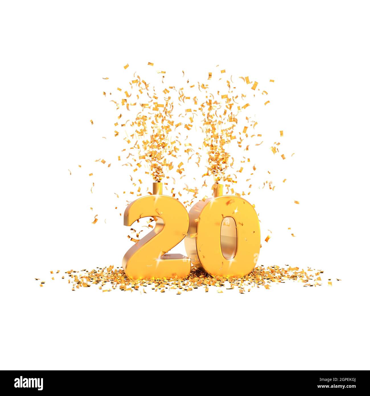 20 años de oro 3D palabras sobre un fondo blanco - 3D renderizado Foto de stock