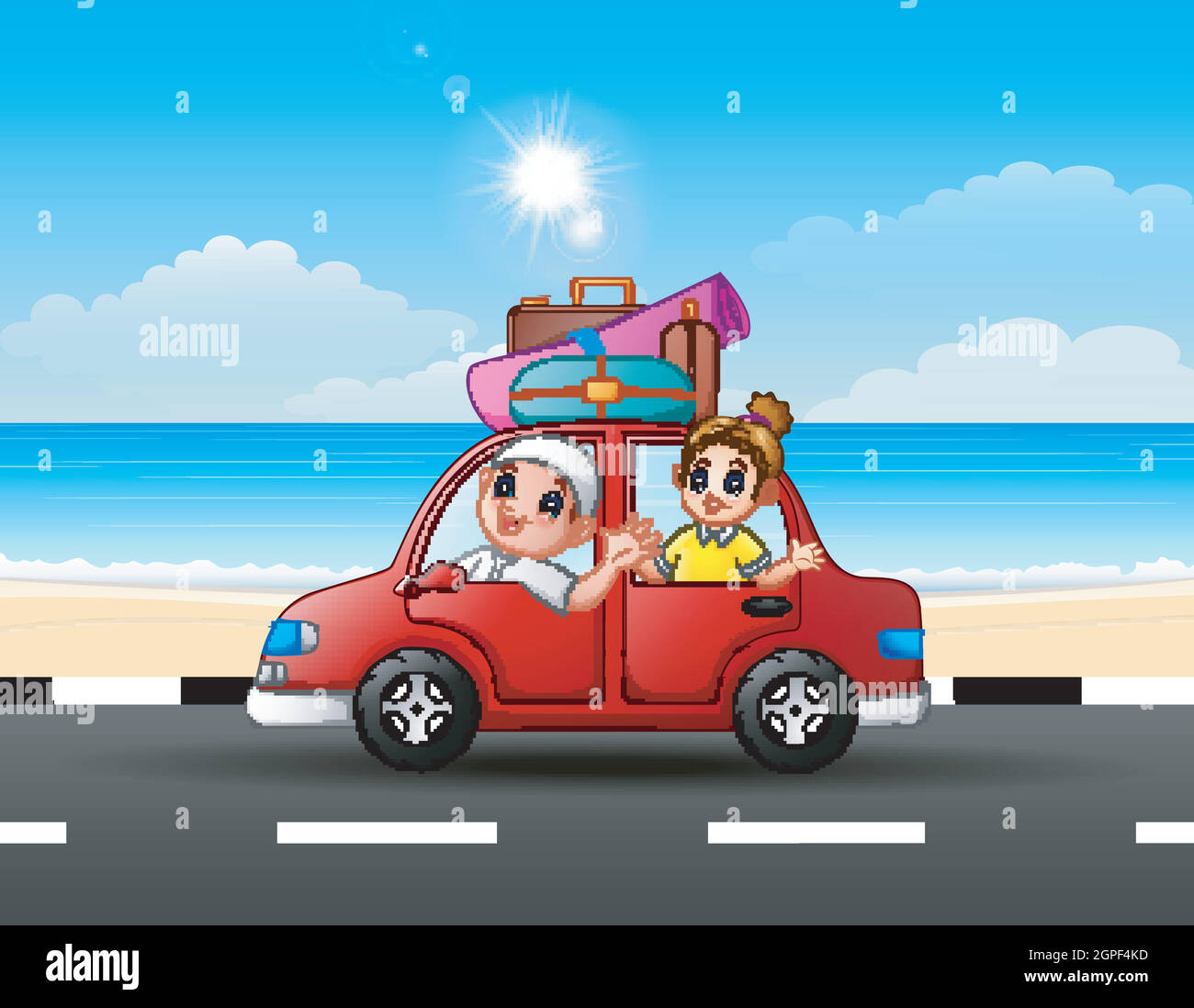Familia viajando en un coche sobre el fondo del horizonte de la ciudad Ilustración del Vector