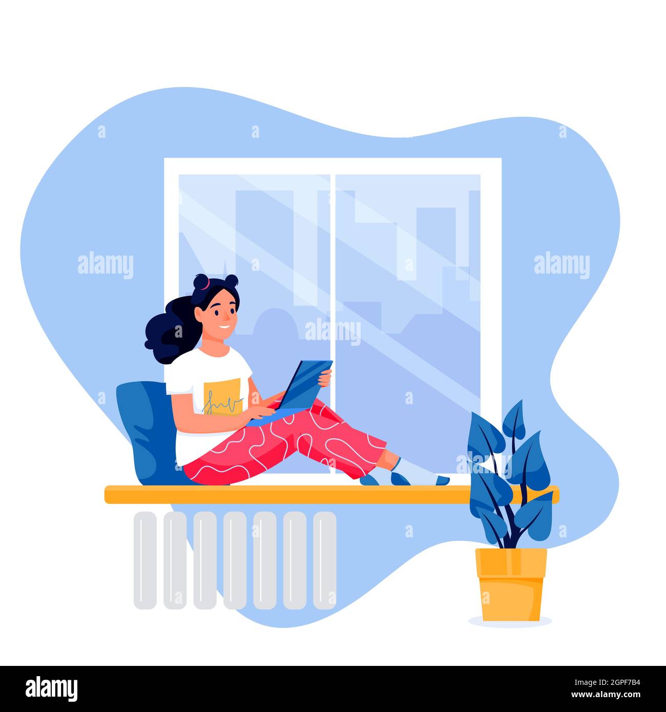 Una joven mujer independiente sentada en la ventana usando un ordenador portátil. Ilustración de personaje de businesswoman de dibujos animados planos vectoriales. Trabajo en casa, trabajo remoto, independiente Ilustración del Vector