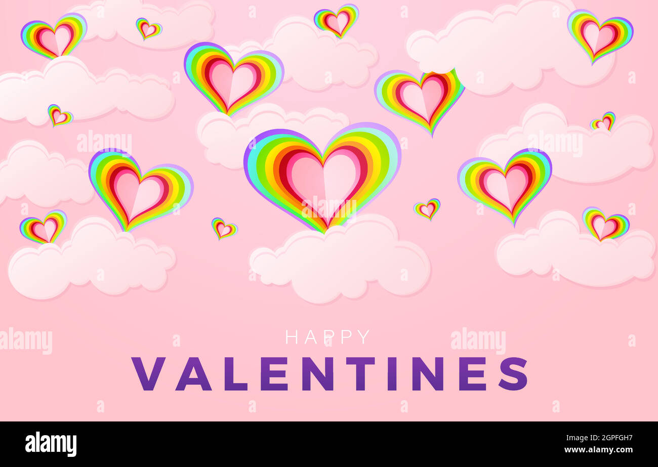 Feliz día de San Valentín con amor arcoiris y textura de nubes. Tarjeta de cumpleaños con corazón, aplicable para el día de San Valentín, tarjetas de felicitación, invitación, papel de impresión, banner de medios sociales y sitio web. Ilustración del Vector