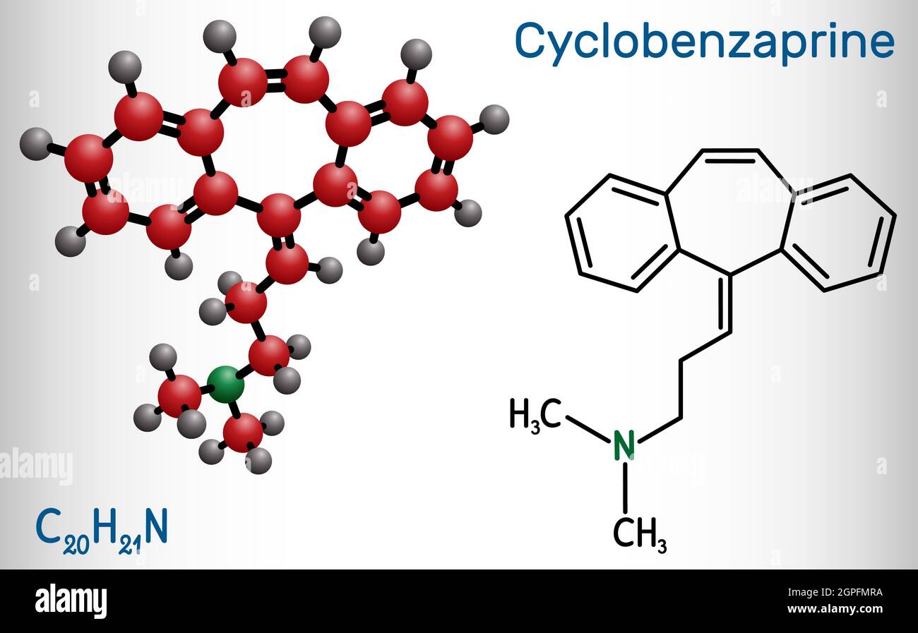Ciclobenzaprina, molécula. Es relajante muscular de acción central. Fórmula química estructural Ciclobenzaprina, molécula. Es relajante muscular de acción central. Fórmula química estructural