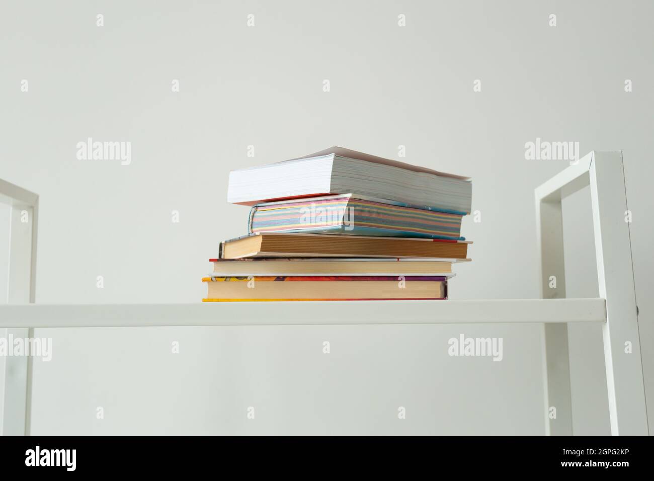 Libros de pie en un rack blanco en casa. Conocimiento, estudio y literatura Foto de stock