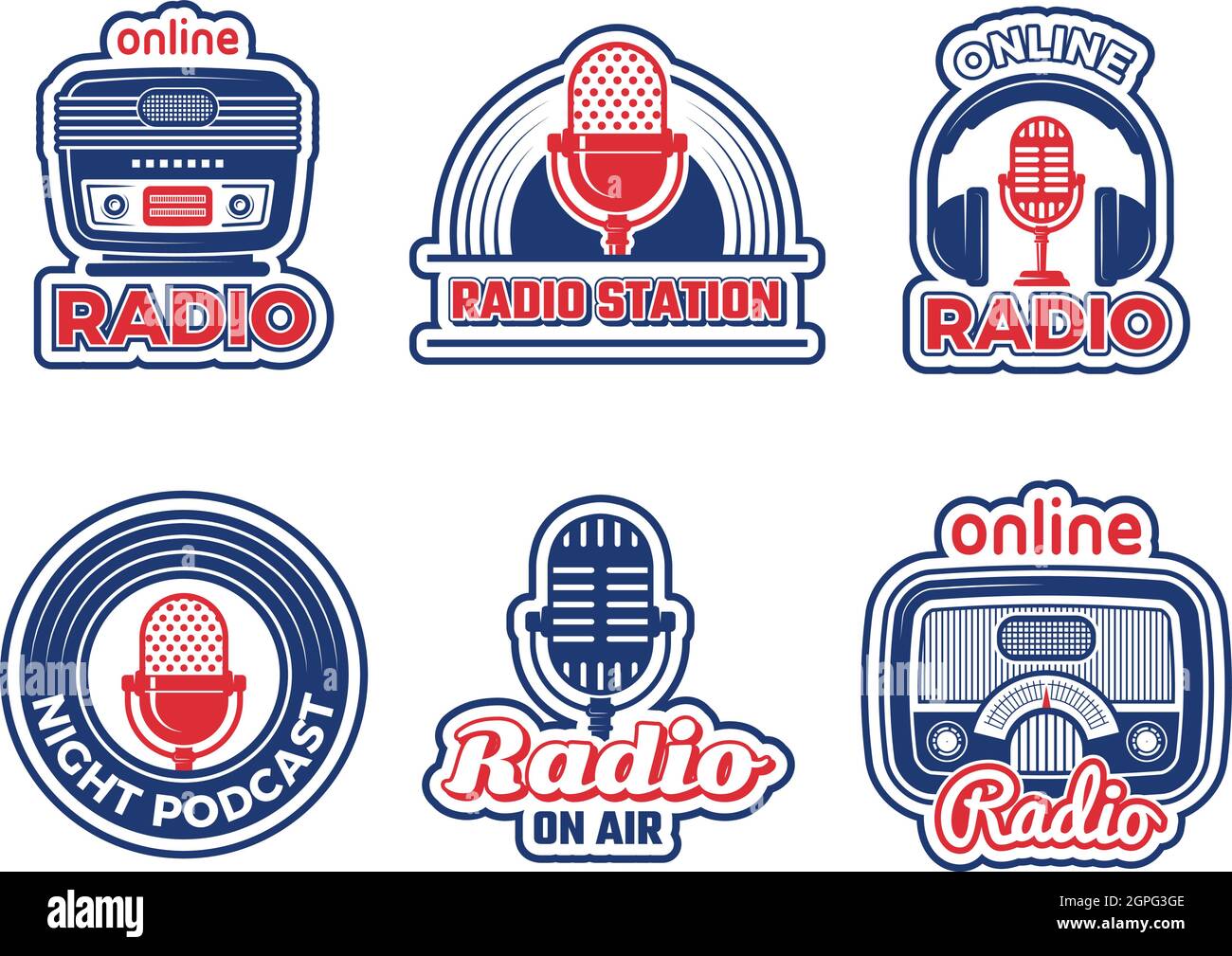 Distintivos de radio. Air podcast audio estudio logo música radio estación  vector etiquetas conjunto colección aislado Imagen Vector de stock - Alamy