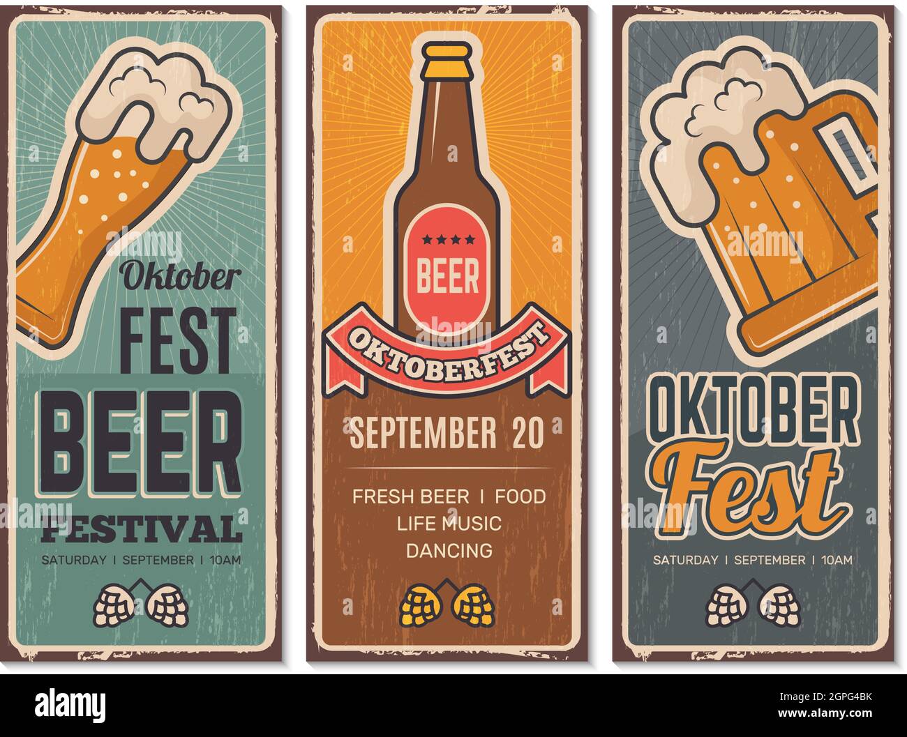 Invitación al festival de la cerveza. Oktoberfest banners vintage con fotos de cerveza artesanal lager alemania bavaria pub menú de bebidas fotos vector retro plantilla Ilustración del Vector