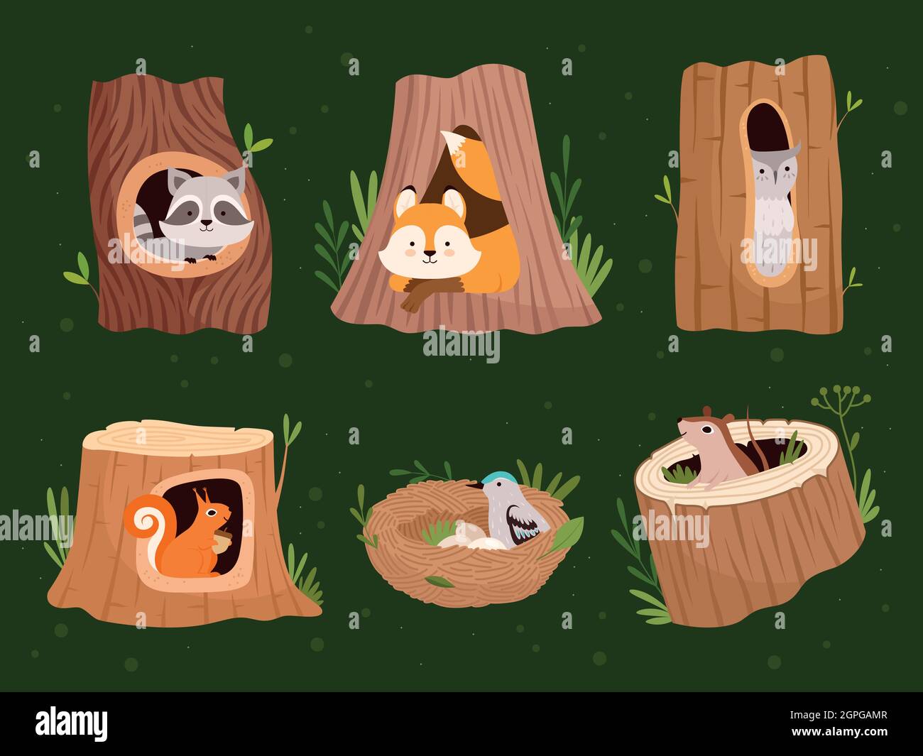 Animales huecos. Árboles forestales de madera con agujeros para animales salvajes casas de vectores de la colección de dibujos animados Ilustración del Vector