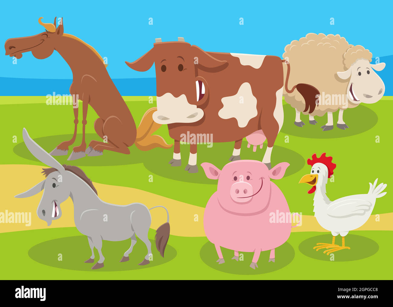 grupo de animales de granja de dibujos animados en el campo Imagen Vector  de stock - Alamy