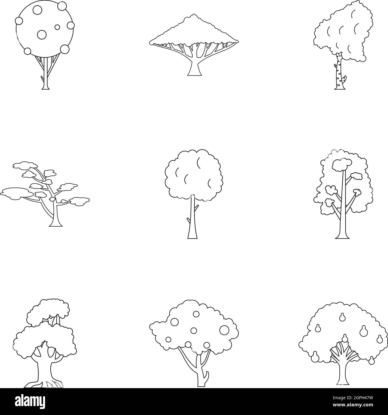 Iconos de plantas arbóreas, el estilo de esquema Ilustración del Vector