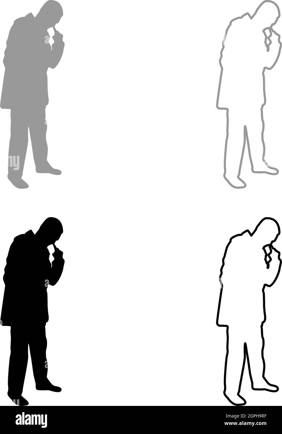 Hombre medeando en la nariz Use finger Male limpia pasajes nasales silueta gris negro color vector ilustración contorno sólido estilo imagen Ilustración del Vector