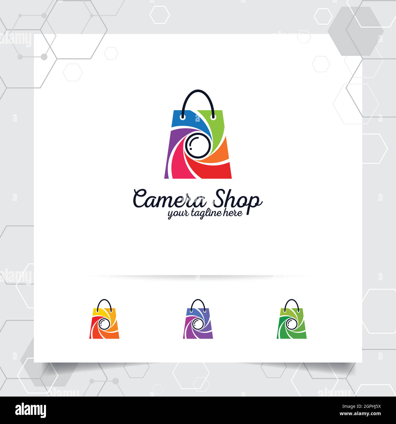 Logotipo de la bolsa de la compra concepto de diseño de icono de la tienda en línea y el vector de lente de cámara utilizado para la tienda de cámaras, el comercio electrónico y el supermercado. Ilustración del Vector