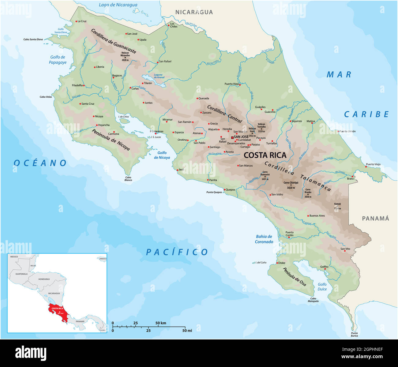 Mapa vectorial de la República Centroamericana de Costa Rica Ilustración del Vector