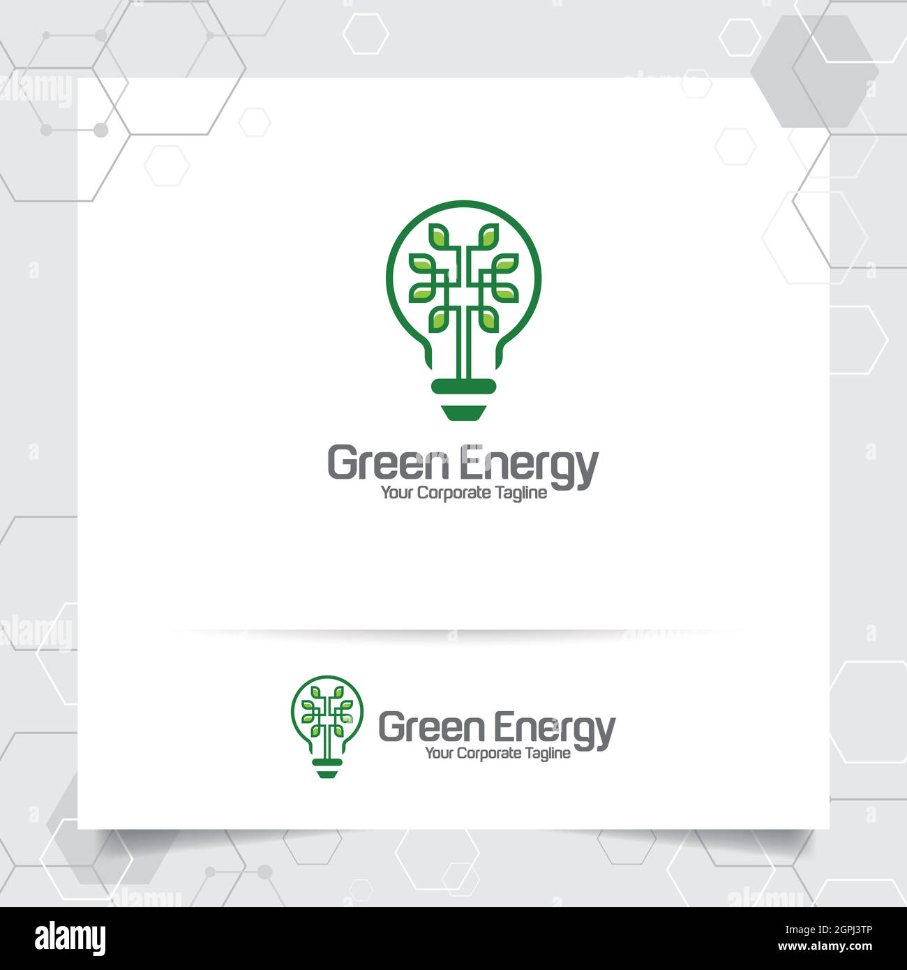 Logotipo verde bombilla de energía concepto de diseño de las hojas vector y el icono de la lámpara. Logotipo de electricidad utilizado para el medio ambiente y el sistema ecológico. Ilustración del Vector