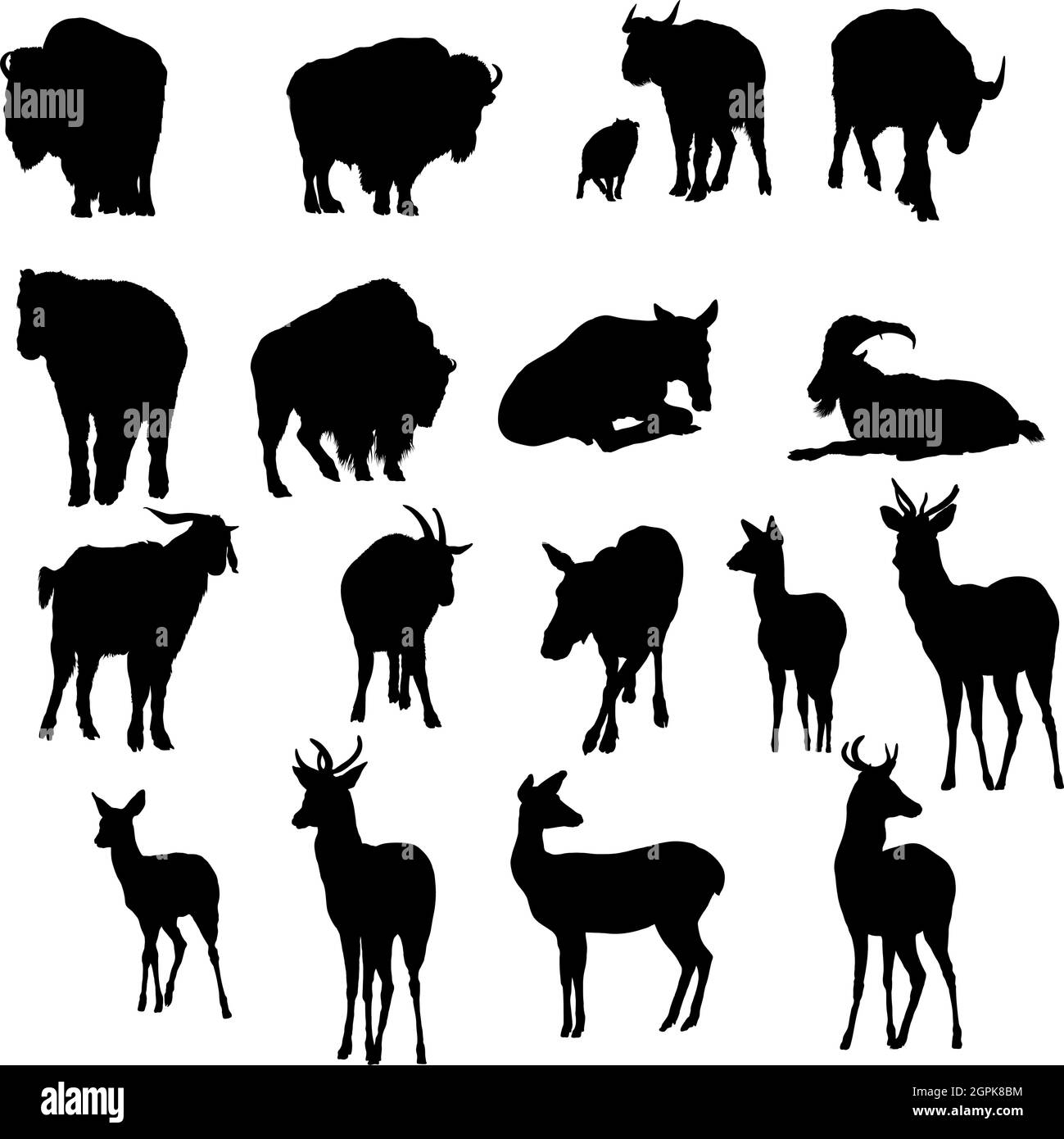 Juego de Silhouette de ciervo, yak y cabras Ilustración del Vector