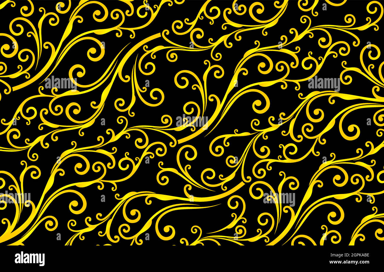 Diseño floral sin costuras colores amarillentos con fondo negro aislado, fondo de patrones negro y amarillo. Aplicable para banners, impresión de tela, textil, agencia y papel de impresión para negocios. Ilustración del Vector