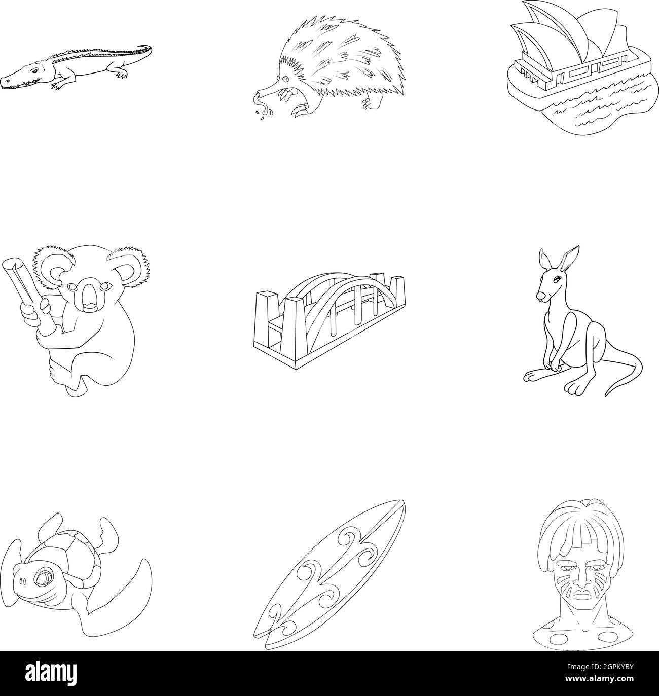 Atracciones de Australia, conjunto de iconos de estilo de esquema Ilustración del Vector