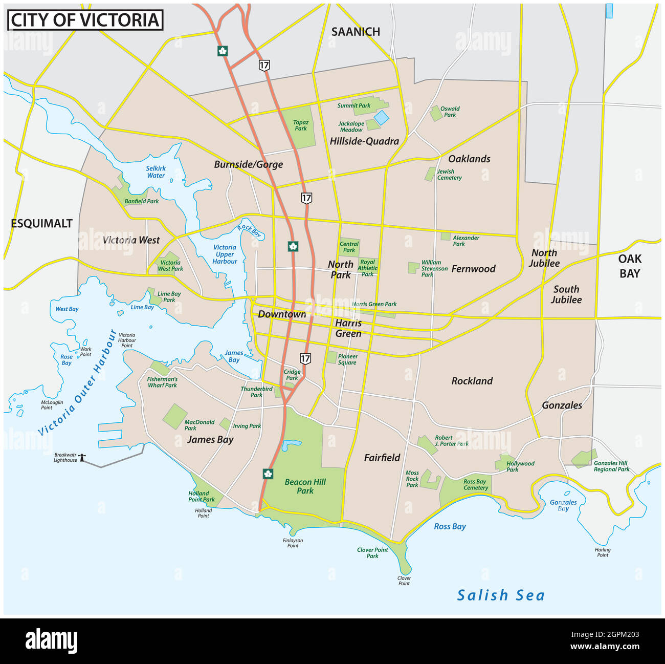 mapa de carreteras de la capital victoria, isla de vancouver, columbia británica, canadá Ilustración del Vector