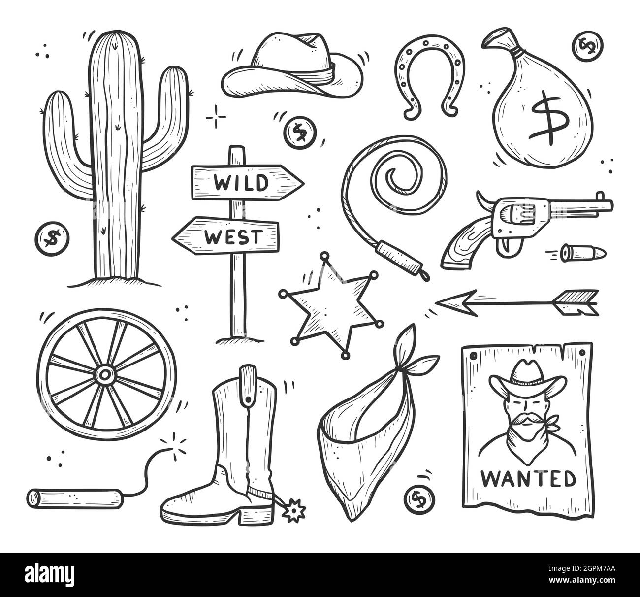 Juego de fideos western cowboy. Estilo de línea de croquis dibujado a mano.  Sombrero de vaquero, cráneo de vaca, arma, elemento de cactus. Ilustración  de vector salvaje oeste Imagen Vector de stock -