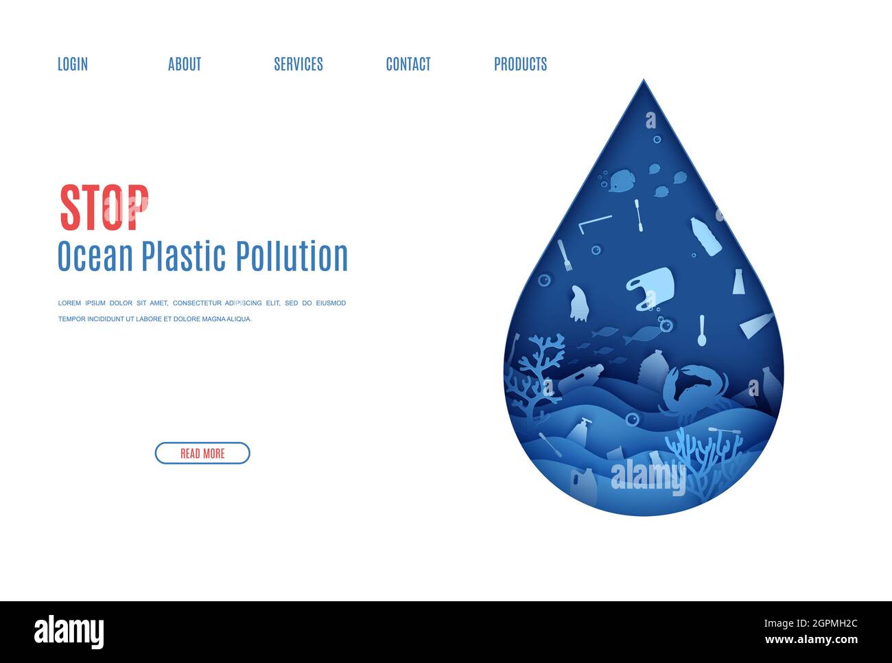 Página web detener el océano plástico polución banner diseño plantilla en papel corte estilo. Vista bajo el agua a través de la silueta de la gota de agua. Día Mundial del Agua Ilustración del Vector