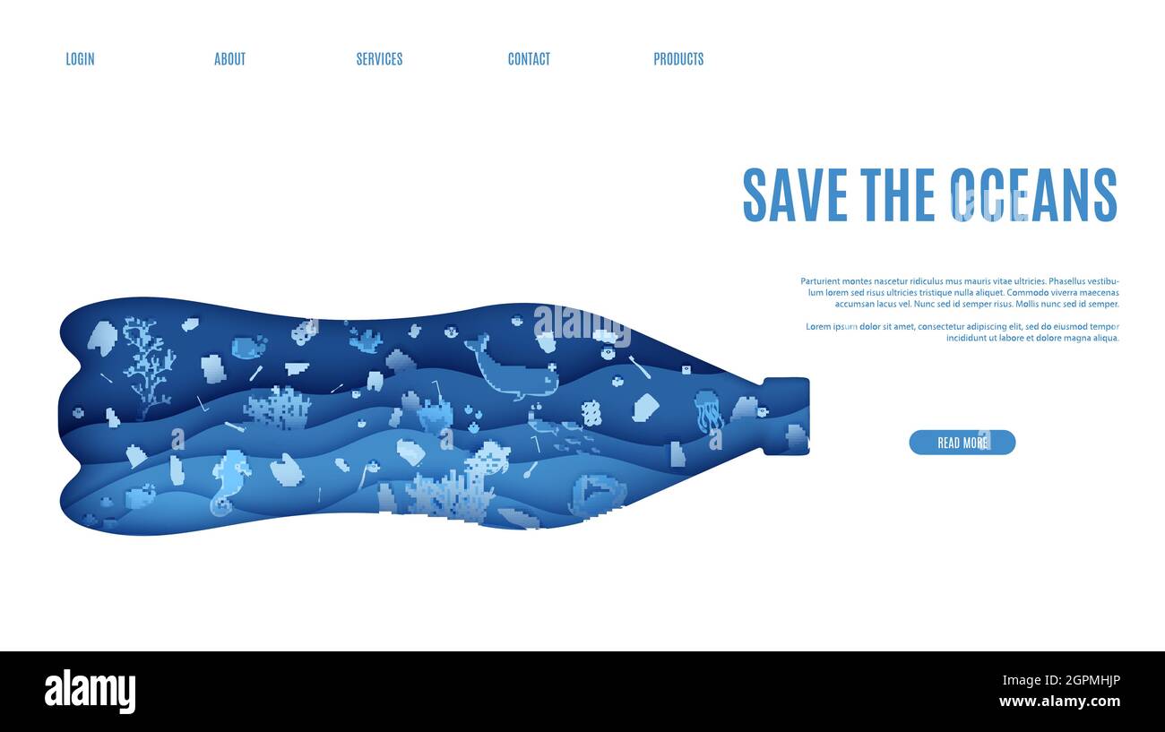 Página web detener el océano plástico polución banner diseño plantilla en papel corte estilo. Vista bajo el agua a través de la silueta de la botella. Arrecife y peces de los fondos marinos Ilustración del Vector