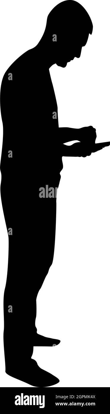 Silhouette hombre sosteniendo smartphone teléfono jugando tablet masculino utilizando la herramienta de comunicación idea mirando teléfono adicción concepto dependencia de las tecnologías modernas negro color vector ilustración imagen de estilo plano Ilustración del Vector