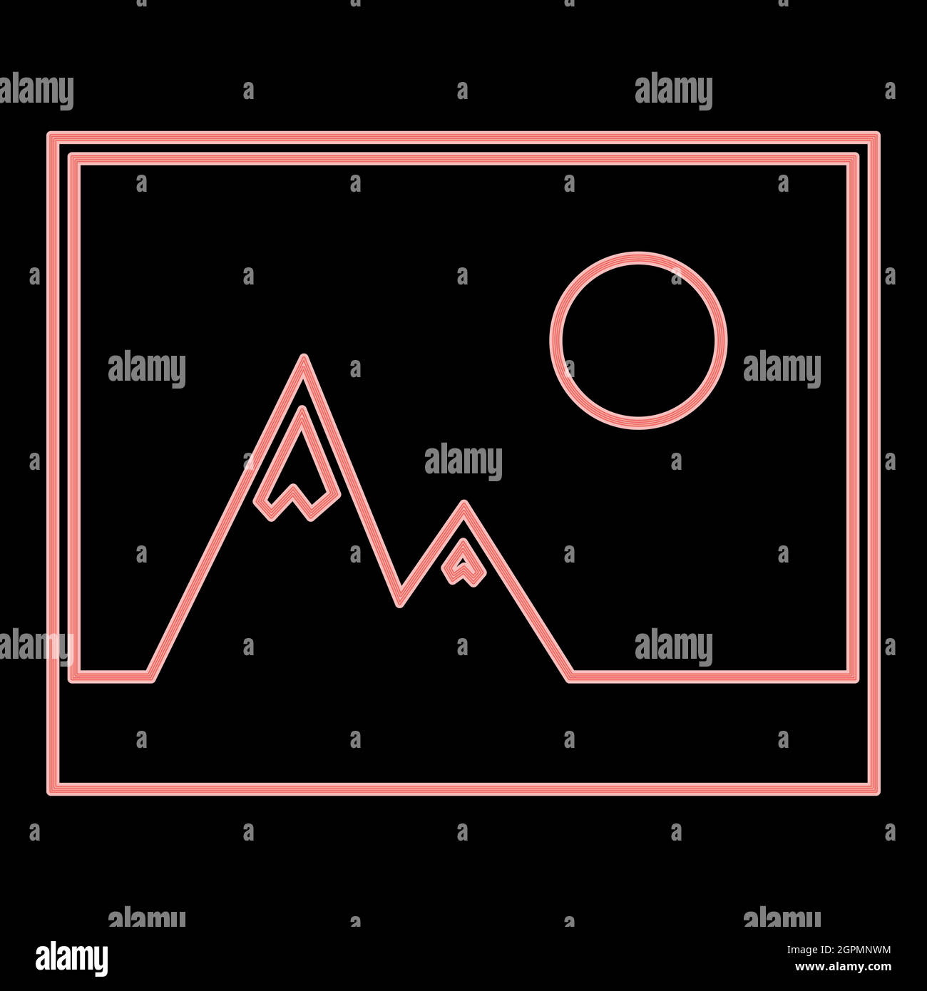 Imagen de neón de montañas e icono de sol. Imagen de estilo plano de ilustración vectorial de color rojo Ilustración del Vector