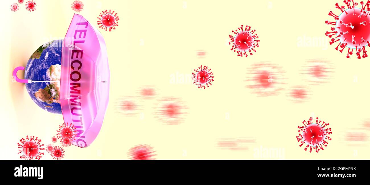 Covid telecommuting - virus de la corona que ataca la Tierra que está protegida por un paraguas con teletrabajo de la palabra inglesa como símbolo de una lucha humana con Foto de stock