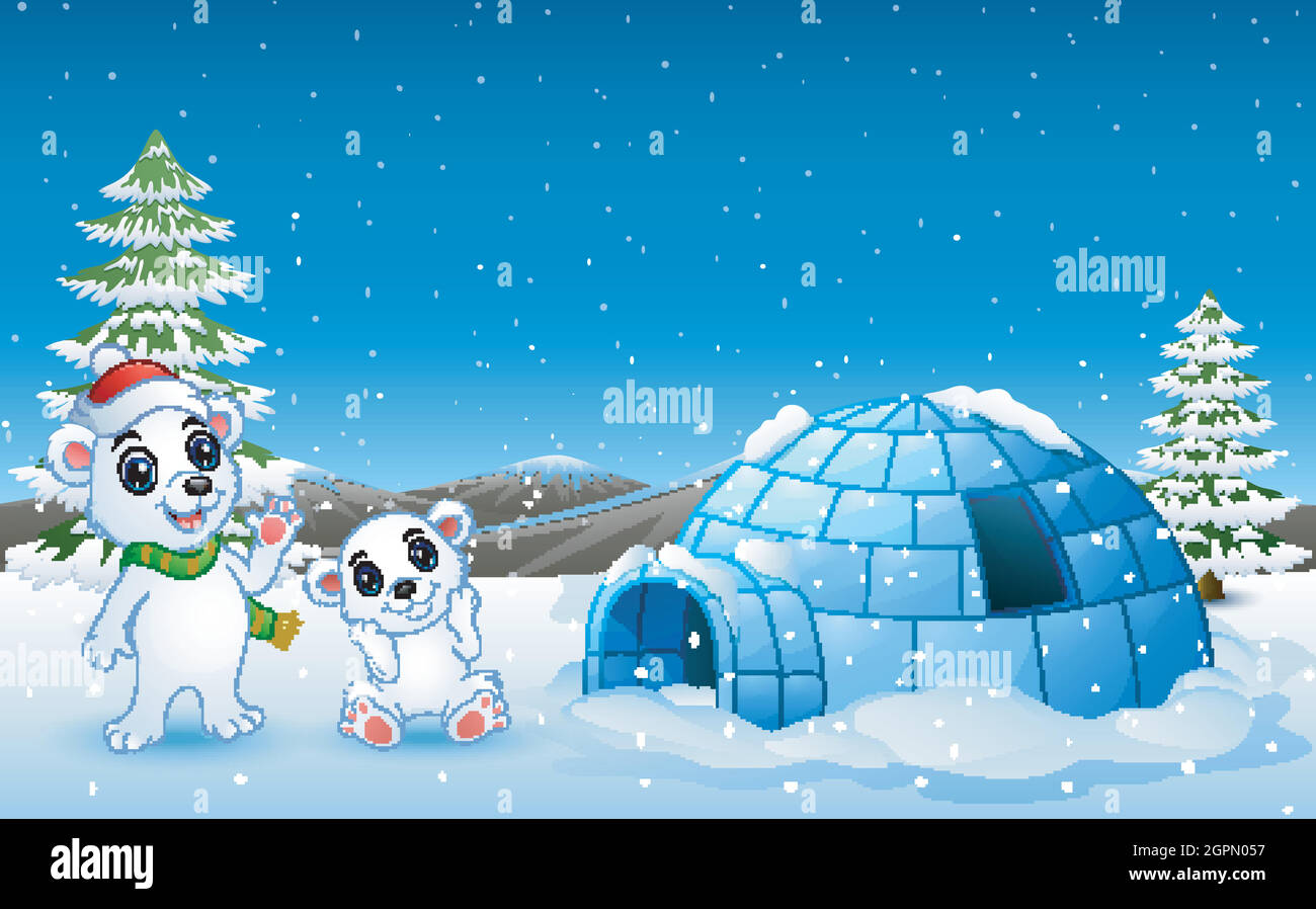 Caricatura de oso polar agitando la mano en la colina nevada con iglú Ilustración del Vector
