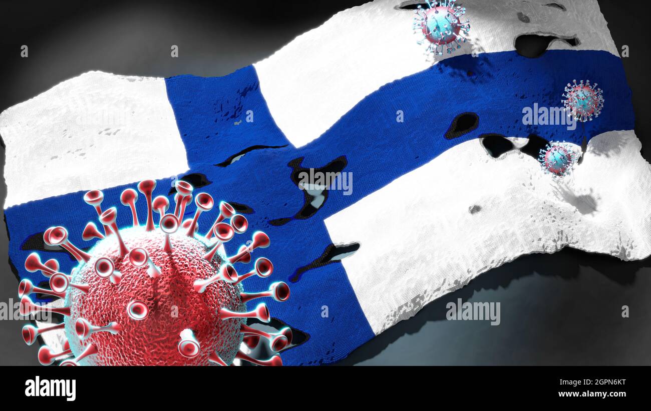 Covid en Finlandia coronavirus atacando una bandera nacional de