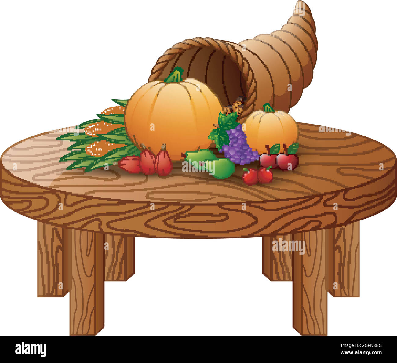 Cuerno de abundancia con verduras y frutas en mesa redonda de madera Imagen  Vector de stock - Alamy