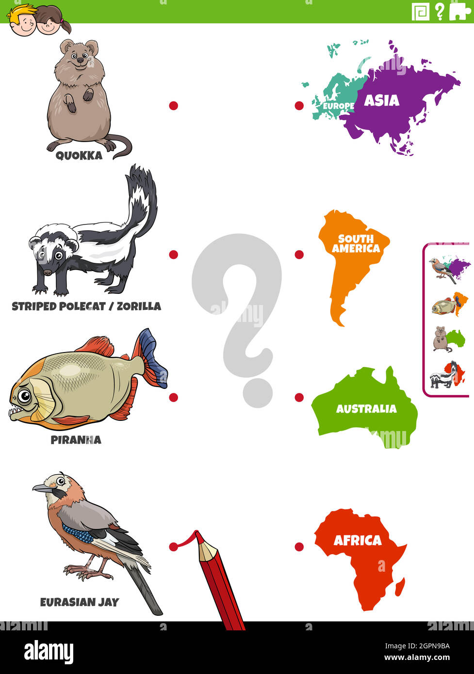 relacionar especies animales y actividad educativa en los continentes Ilustración del Vector