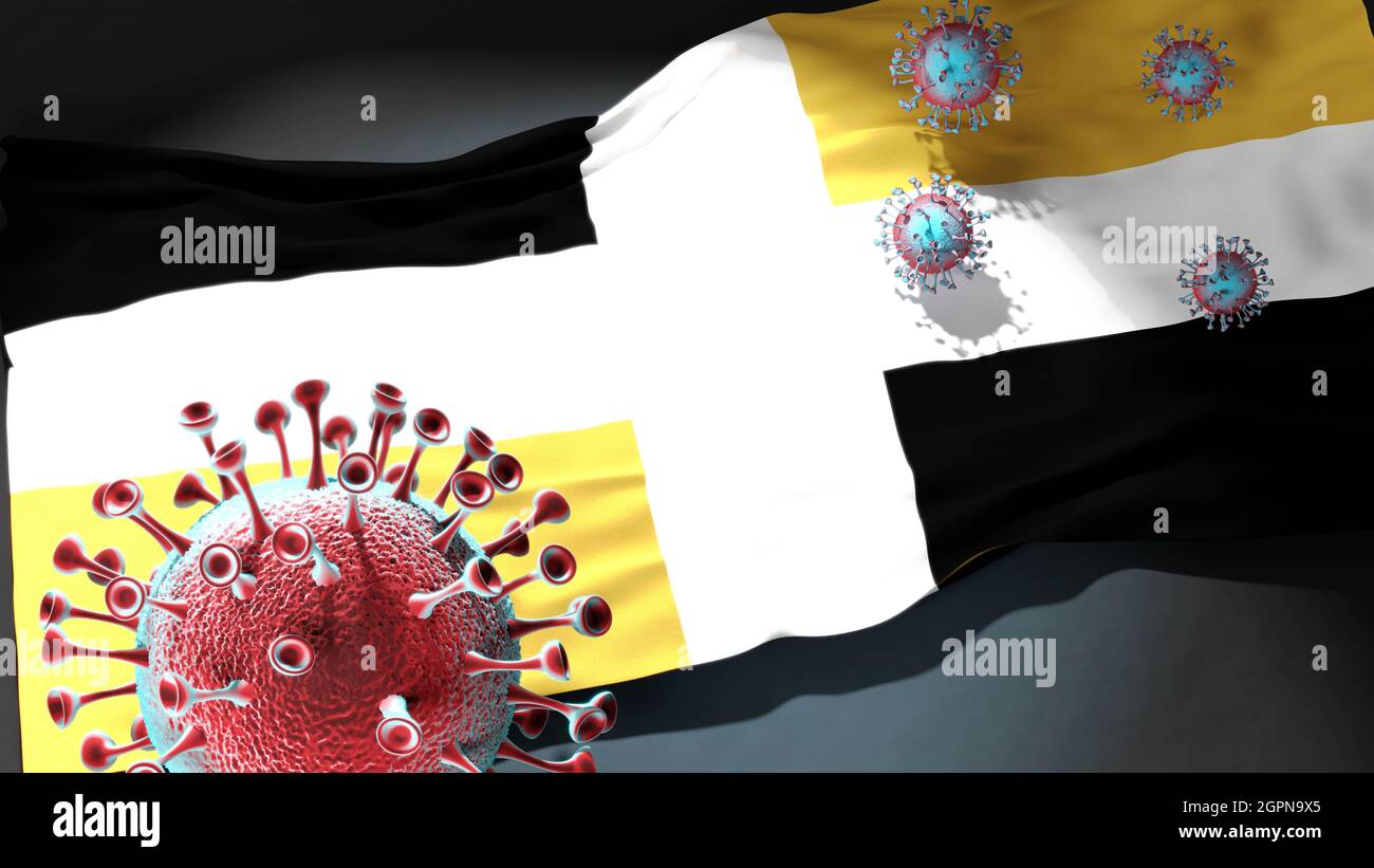 Covid in Levis - coronavirus atacando una bandera de la ciudad de Levis  como un símbolo de una lucha y lucha con la pandemia del virus en esta  ciudad, 3D ilustración Fotografía
