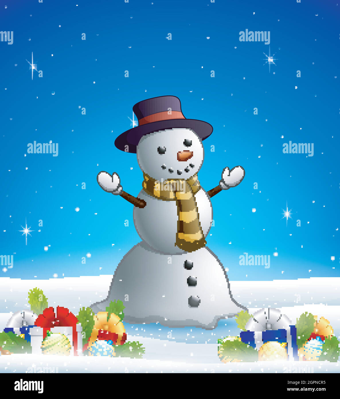 Muñeco de nieve de dibujos animados en el fondo de invierno con cajas de regalo y. bolas Ilustración del Vector