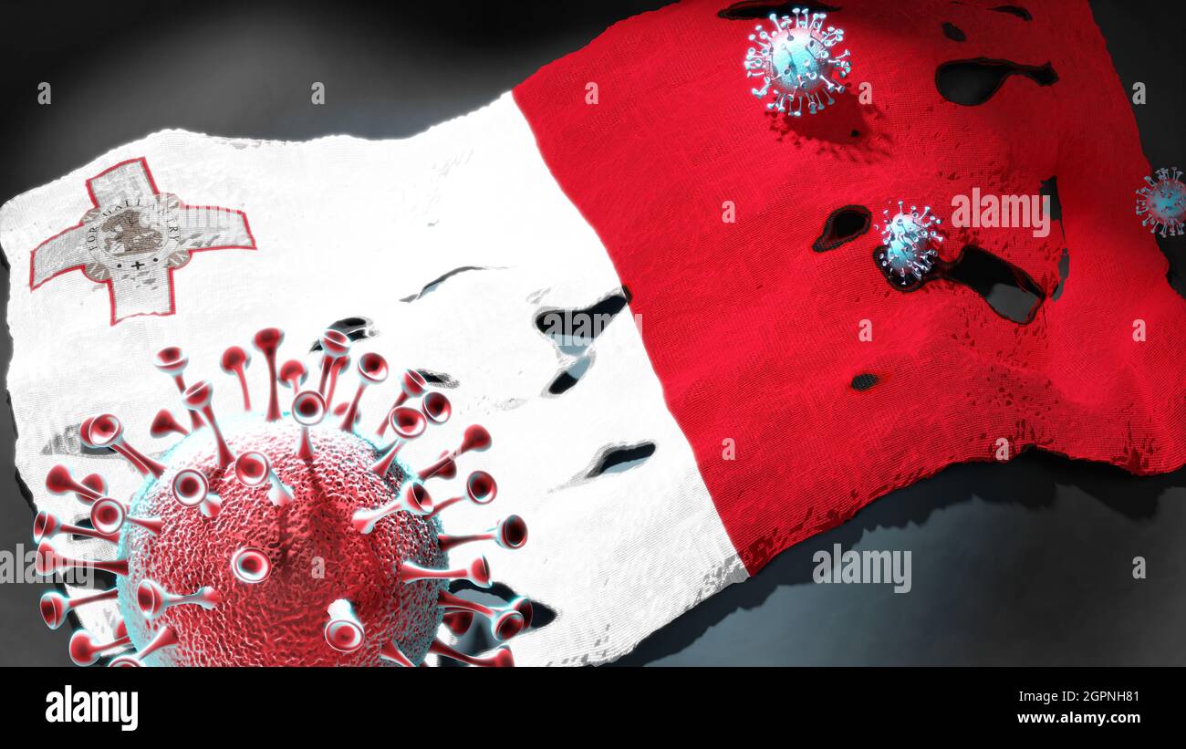 Covid en Malta coronavirus atacando una bandera nacional de Malta