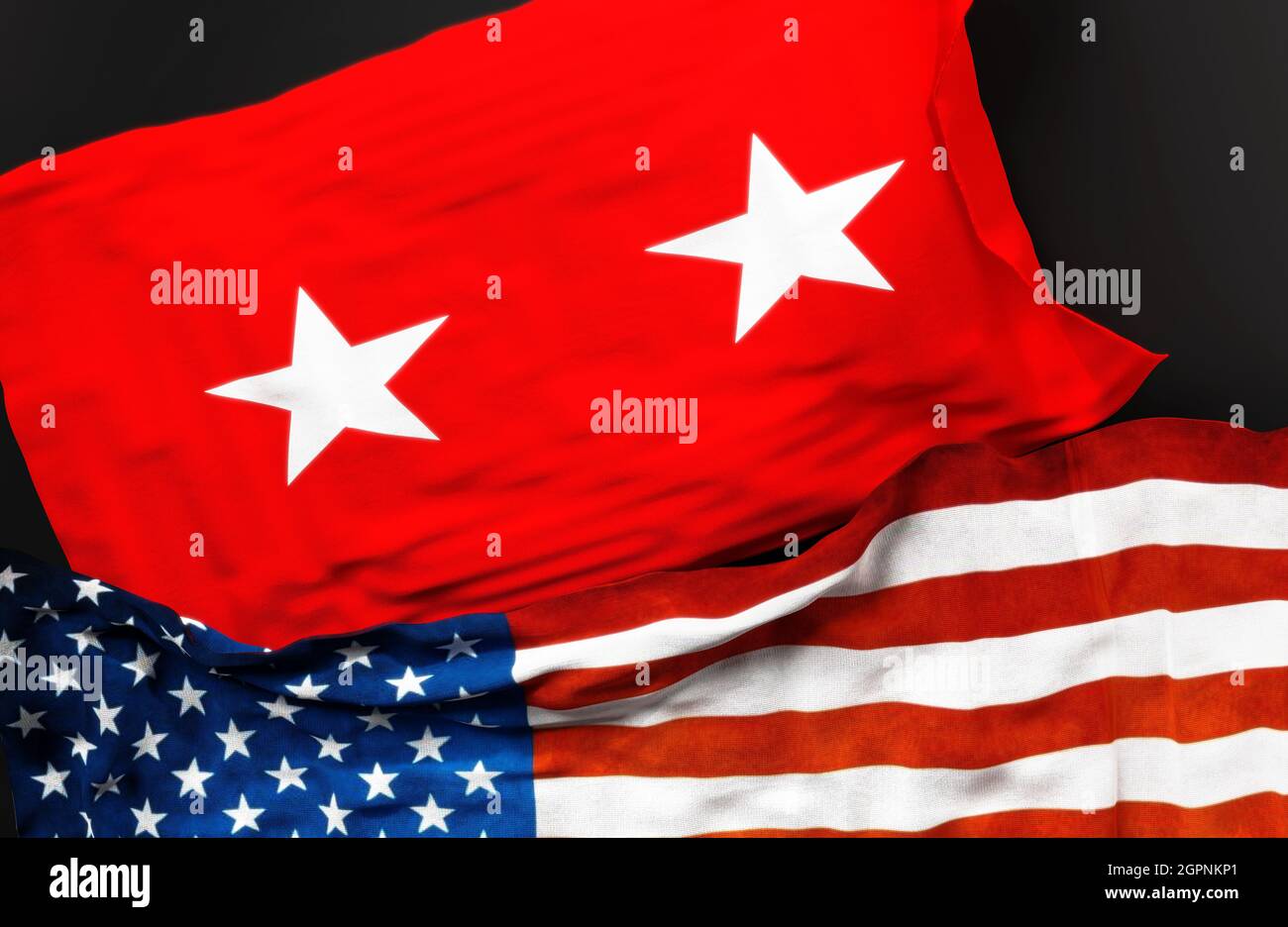 Bandera de un General de División del Ejército de los Estados Unidos junto con una bandera de los Estados Unidos de América como símbolo de unidad entre ellos, 3D ilustración Foto de stock