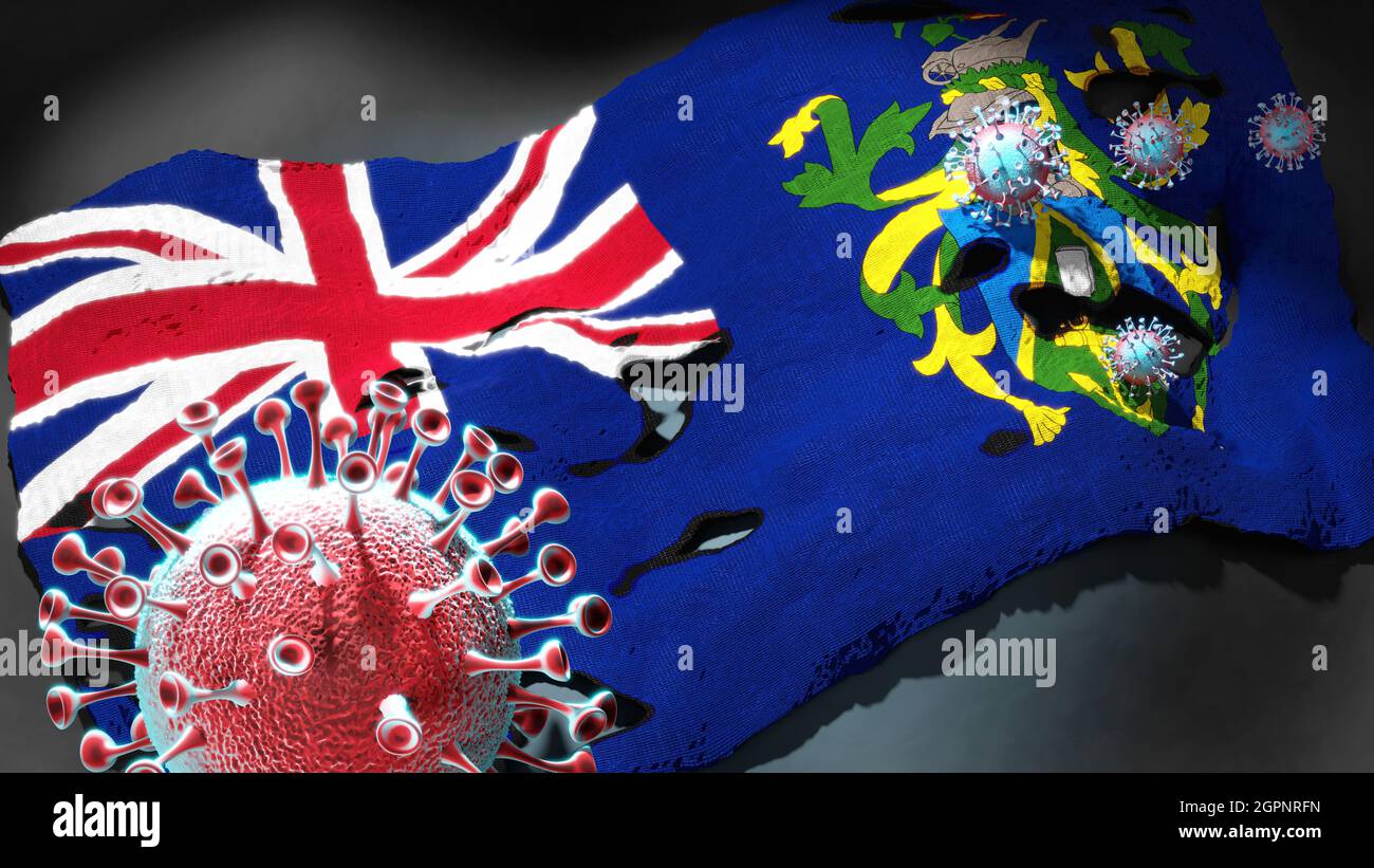 Covid en Pitcairn - coronavirus atacando una bandera nacional de Pitcairn como símbolo de una lucha y lucha contra la pandemia del virus en este país, 3D Foto de stock