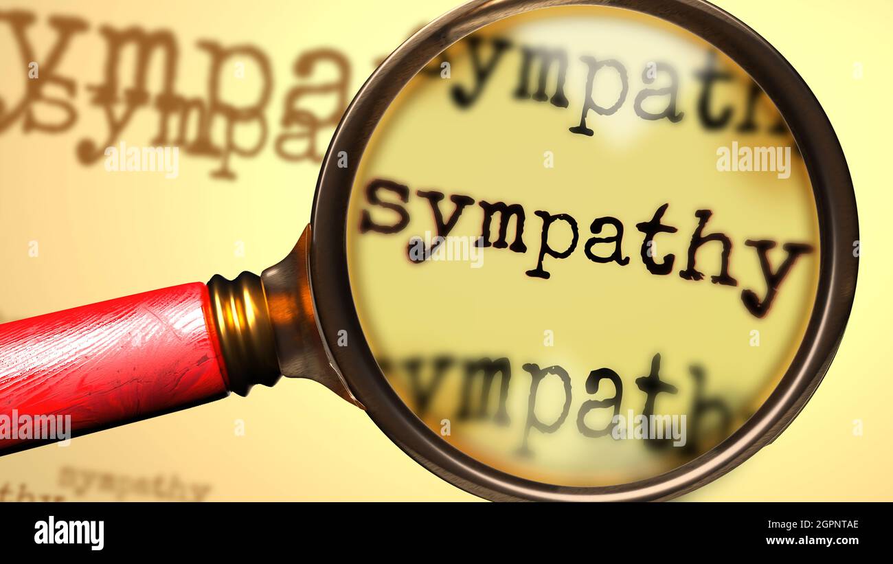 Simpatía y una lupa sobre la palabra inglesa Simpathy para simbolizar el estudiar, examinar o buscar una explicación y respuestas relacionadas con un contras Foto de stock
