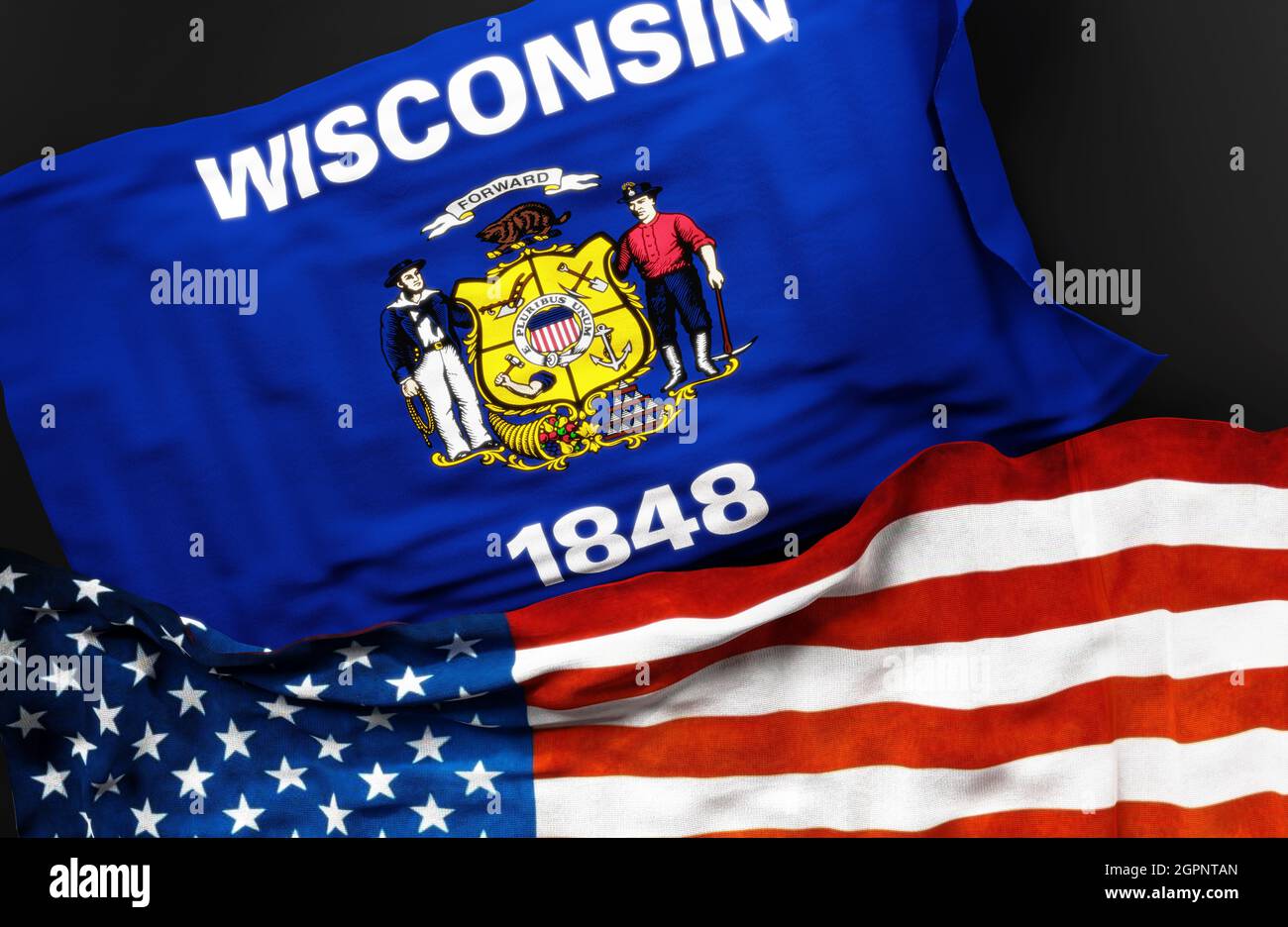 Bandera de Wisconsin, junto con una bandera de los Estados Unidos de América como símbolo de una conexión entre ellos, 3D ilustración Foto de stock
