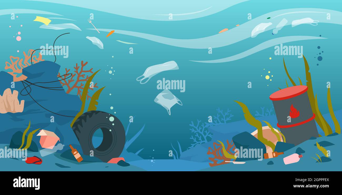 Dibujos animados paisaje subacuático sucio con contaminación, botella y  bolsa de plástico, embalaje de papel daños ambientales de fondo. Agua del  océano, del mar o del río contaminada con ilustración del vector
