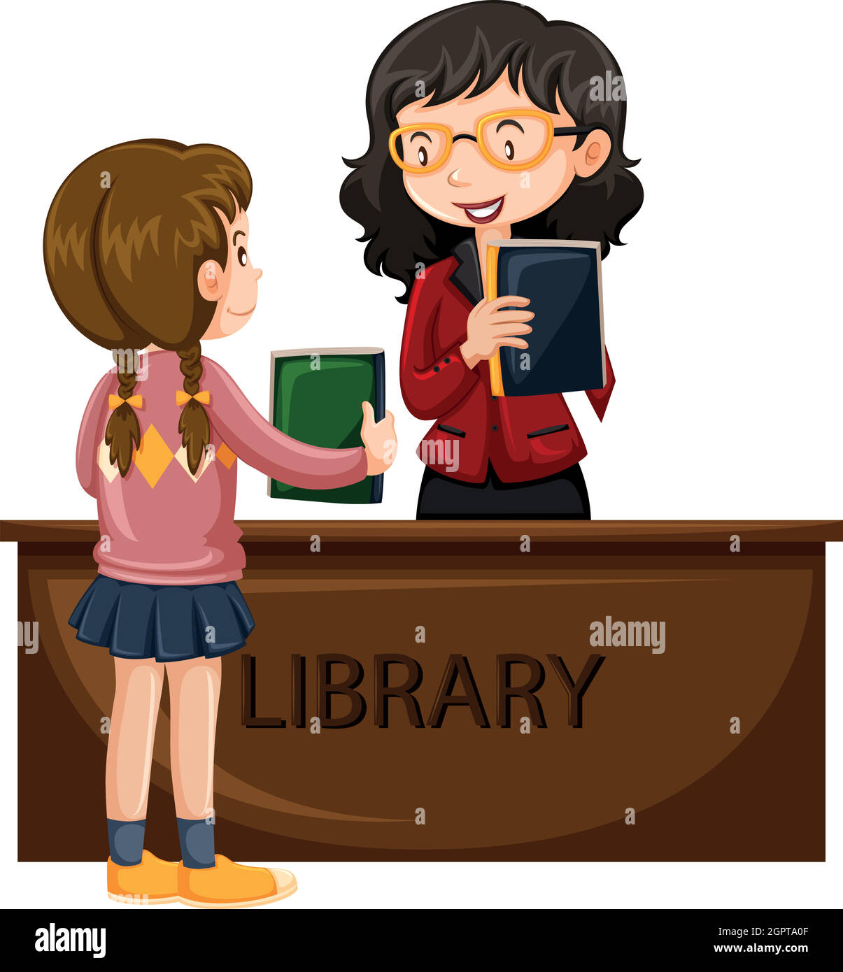 Librería e ilustración de niña, bibliotecario de biblioteca