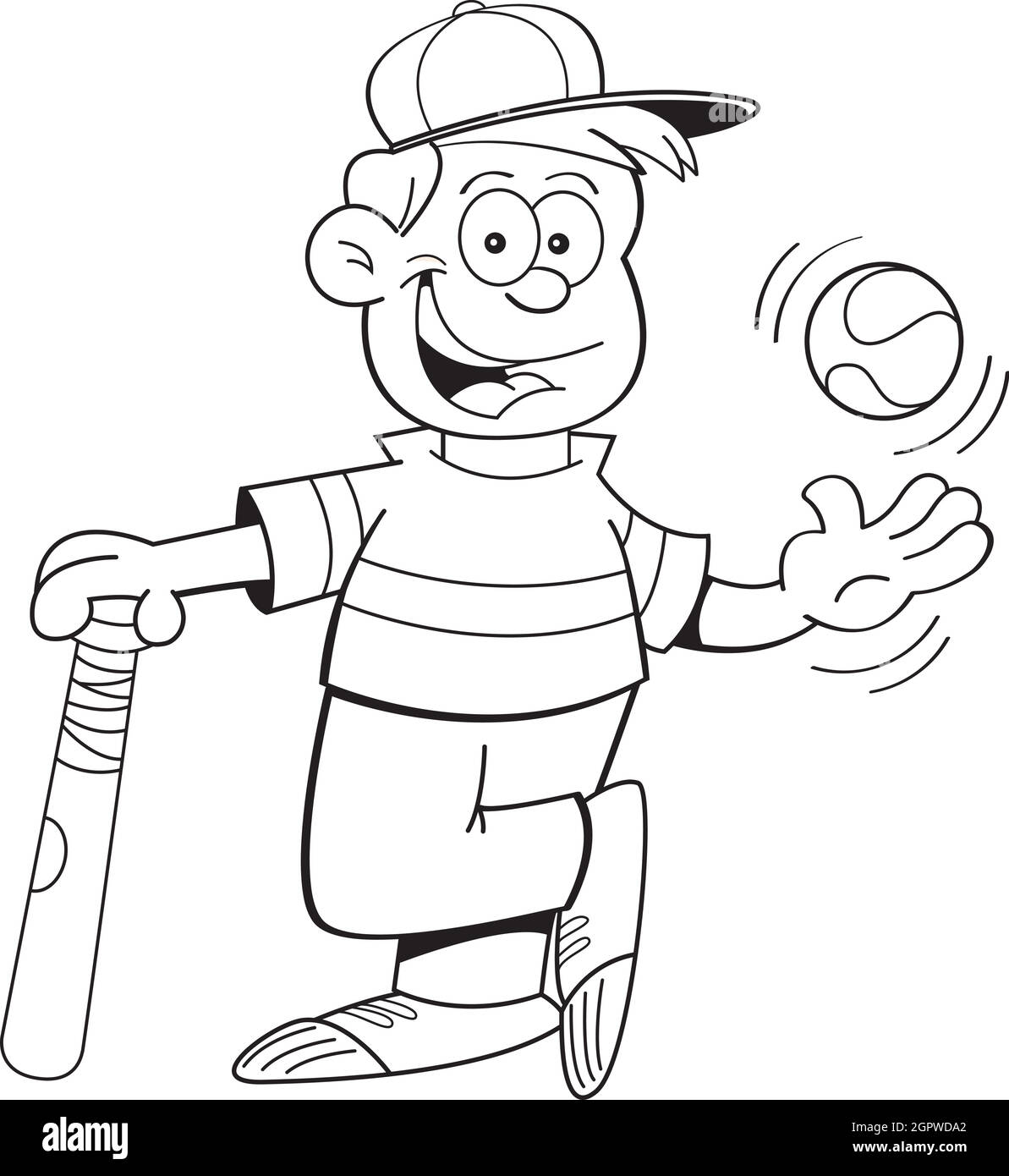 Ilustración en blanco y negro de un niño con un bate de béisbol y