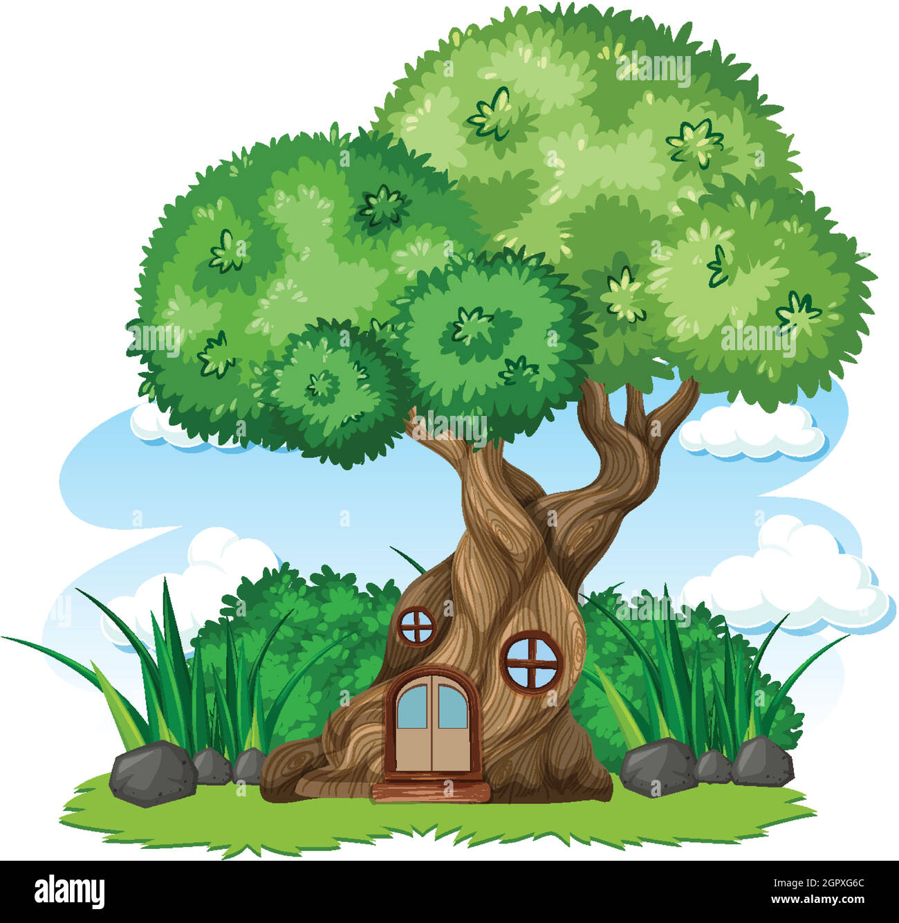 Casa del árbol y un poco de estilo de dibujos animados de césped sobre  fondo blanco Imagen Vector de stock - Alamy