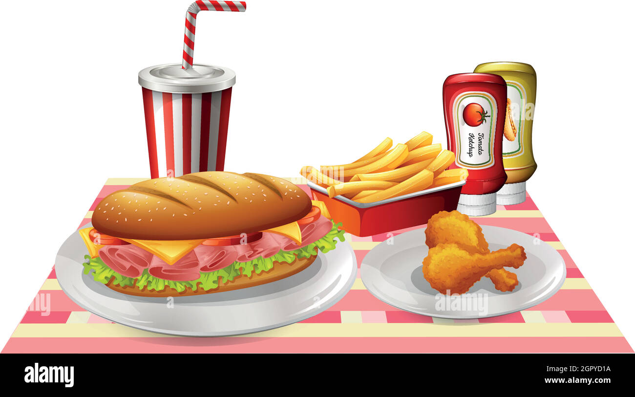 Sándwiches y pollo frito en la mesa Ilustración del Vector