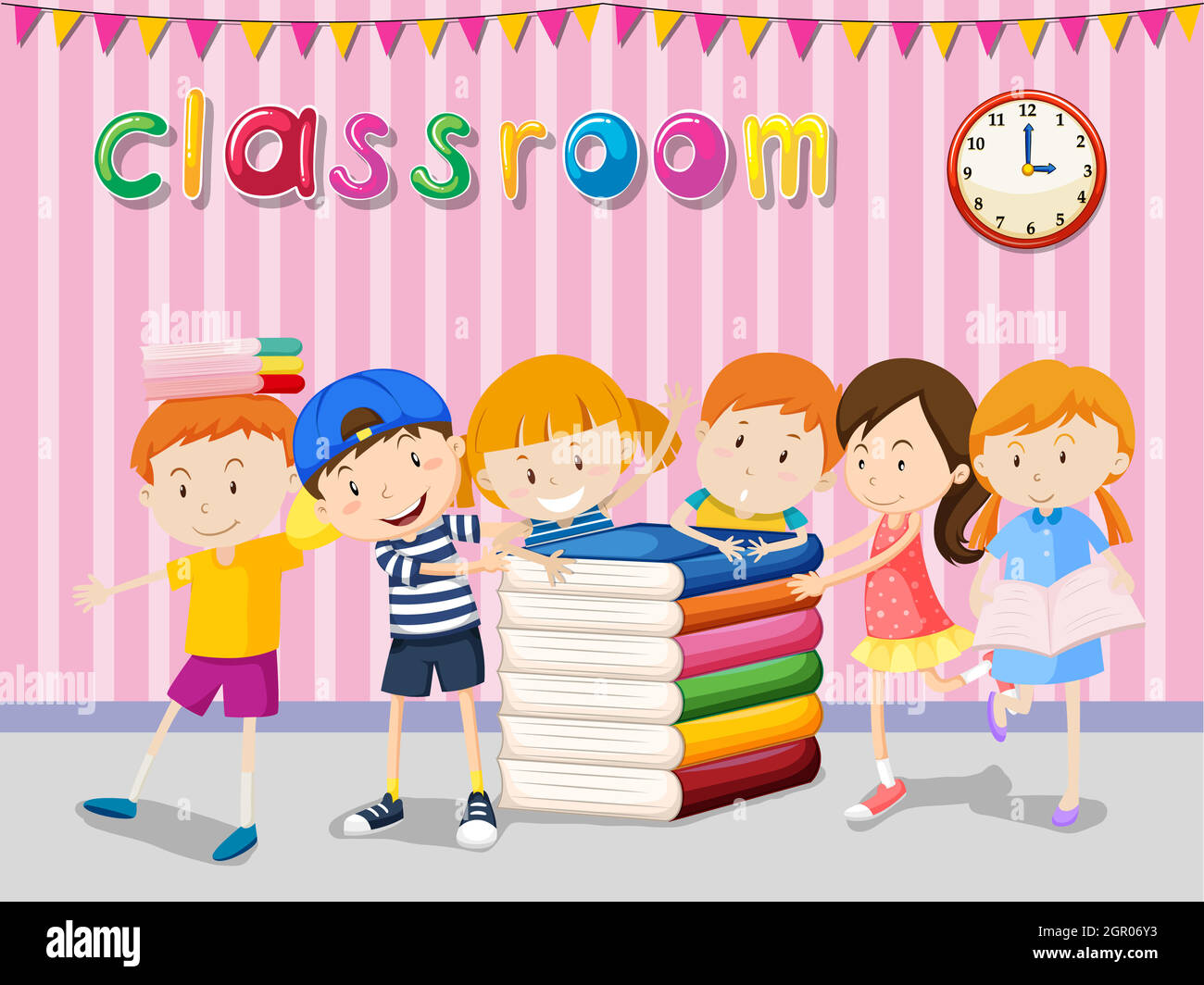 Niños y niñas leyendo en el aula Ilustración del Vector