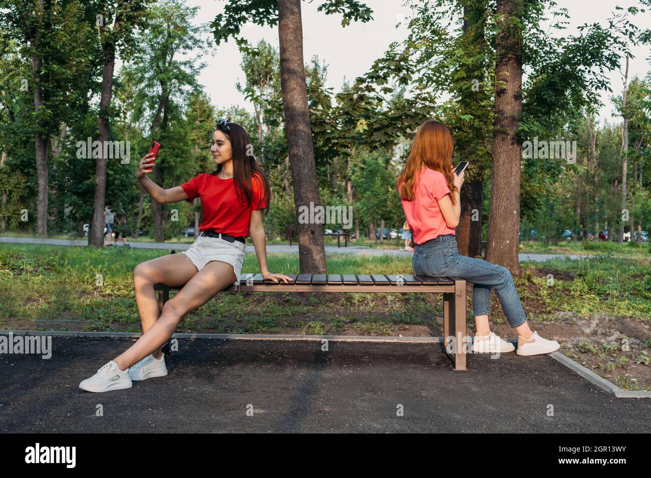 Mujeres jóvenes usando el teléfono móvil mientras están sentados en el banco en el parque Foto de stock