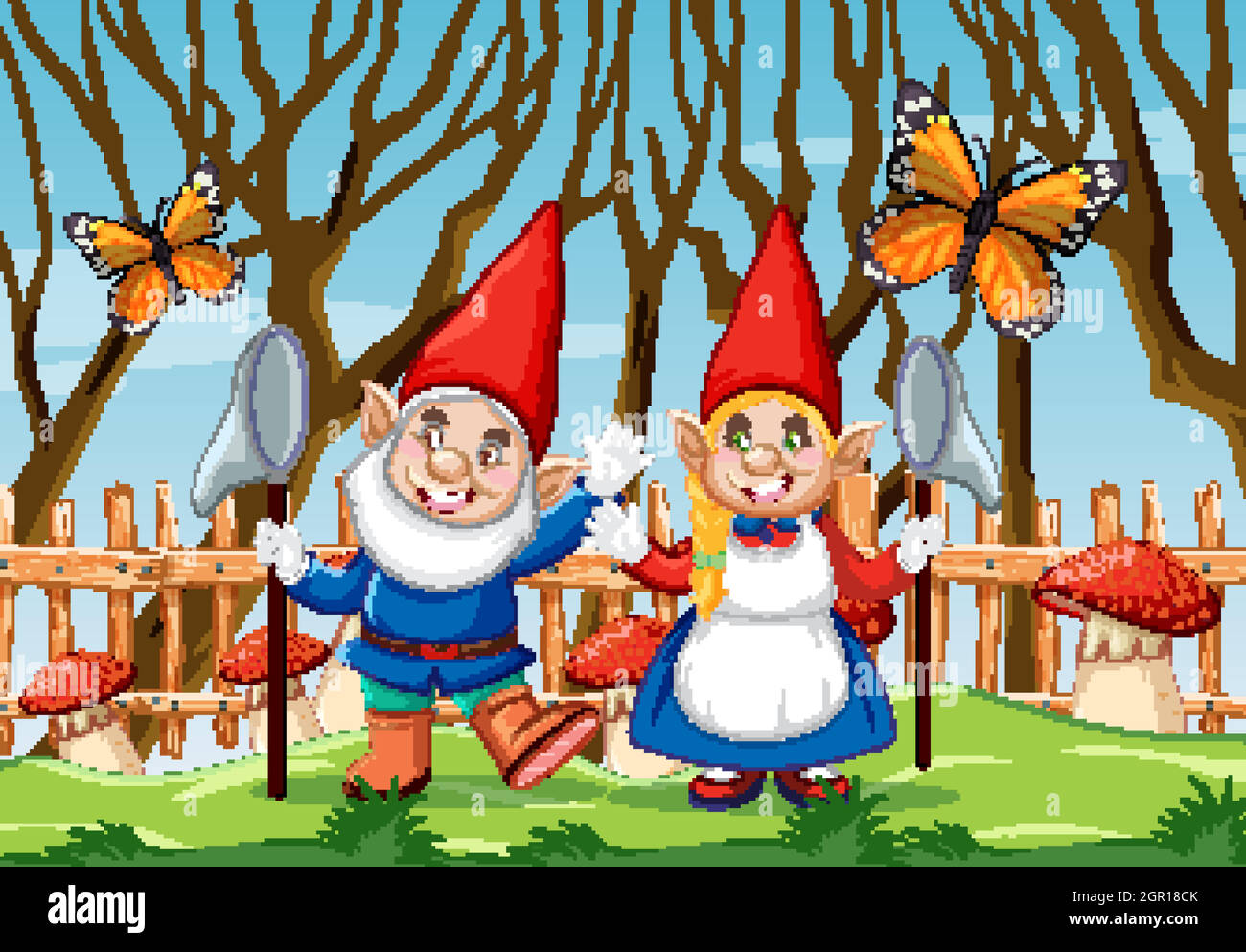 GNOME con setas rojas y mariposa en la escena del jardín Ilustración del Vector