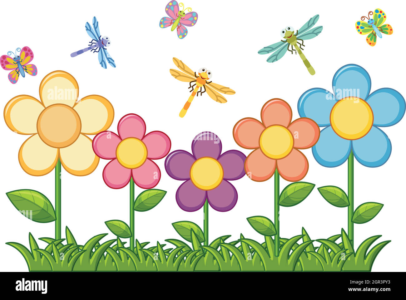 Mariposas y libélulas en el jardín de flores Ilustración del Vector