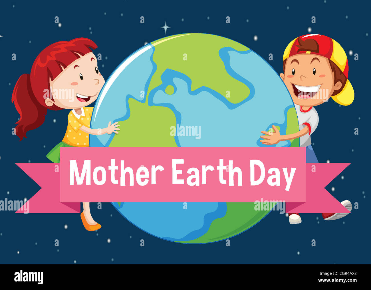 Diseño de póster para el día de la madre tierra con dos niños abrazándolo Ilustración del Vector