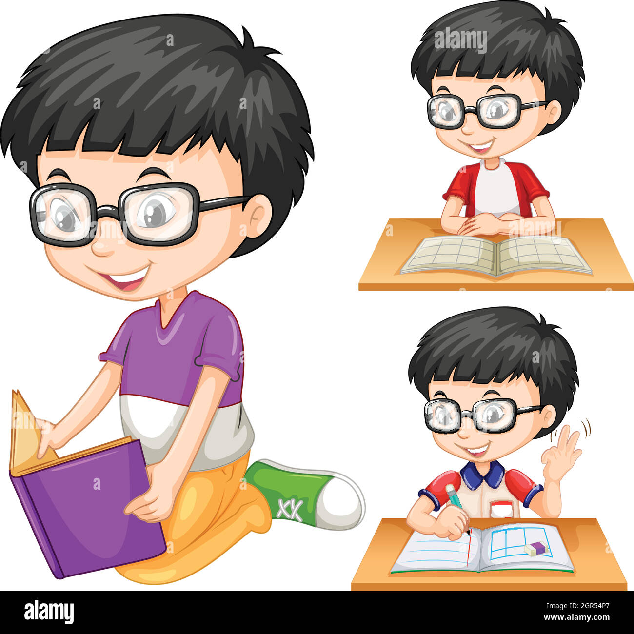 Niño con gafas libro de lectura Ilustración del Vector