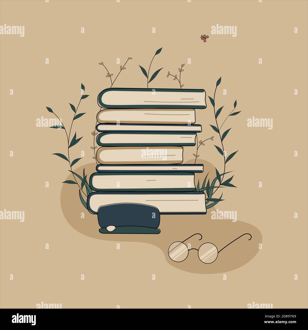 Concepto:libro es fuente de conocimiento.Glasses con una pila de libros de caso y lectura de libro.Pile de volúmenes rodeados de plantas como símbolo de la educación Ilustración del Vector