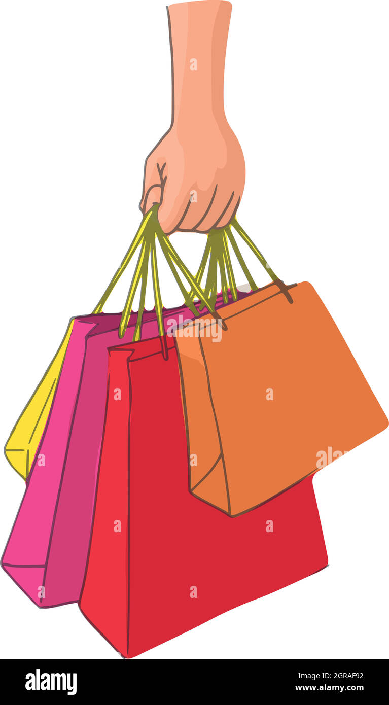 Mano con paquetes de compras, icono de estilo de dibujos animados Imagen  Vector de stock - Alamy